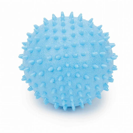 Light blue spiked TPR fetch ball with bell for dogs