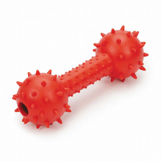 Red spiked TPR dumbbell dog chew toy with bell for mental enrichment and tough chewing