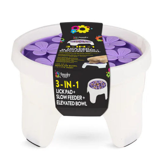 Spunky Pup 3-in-1 elevated dog bowl label showing logo and product features