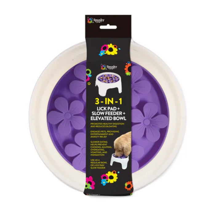 Top view of Spunky Pup elevated slow feeder bowl with black packaging label