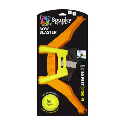 Spunky Pup Bow Blaster packaging showing included tennis ball and 150 foot range