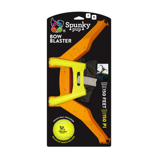Spunky Pup Bow Blaster packaging showing included tennis ball and 150 foot range
