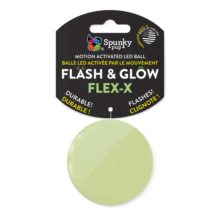 Spunky Pup logo and Made in USA emblem on light green motion activated LED ball hang tag
