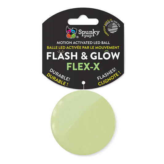 Spunky Pup logo and Made in USA emblem on light green motion activated LED ball hang tag