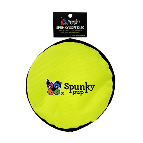 Spunky Pup lime green soft disc flyer with black border and logo