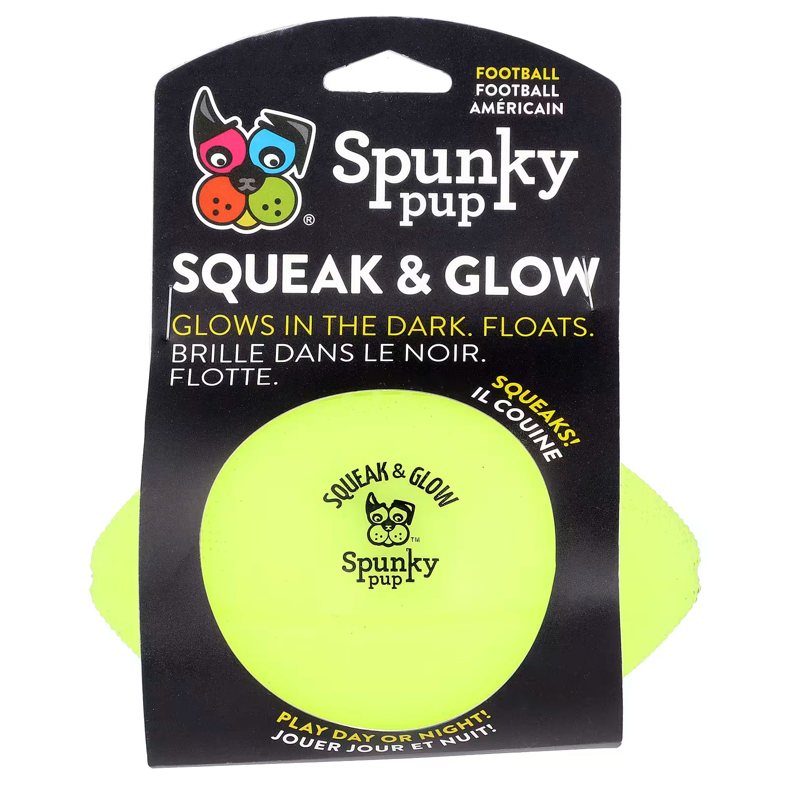 Spunky Pup squeak and glow ball packaging on a white background