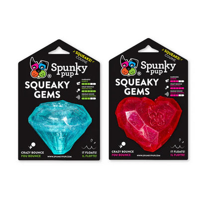 Side-by-side Spunky Pup Squeaky Gems packages showing turquoise diamond and red heart variants