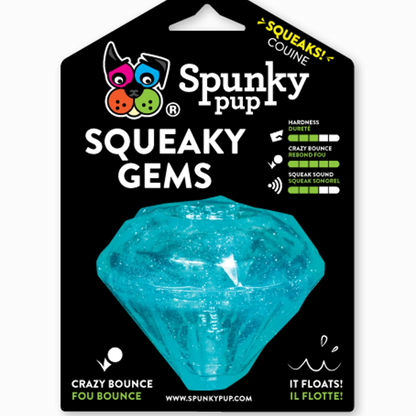 Spunky Pup Squeaky Gems turquoise diamond fetch toy packaging with bounce features