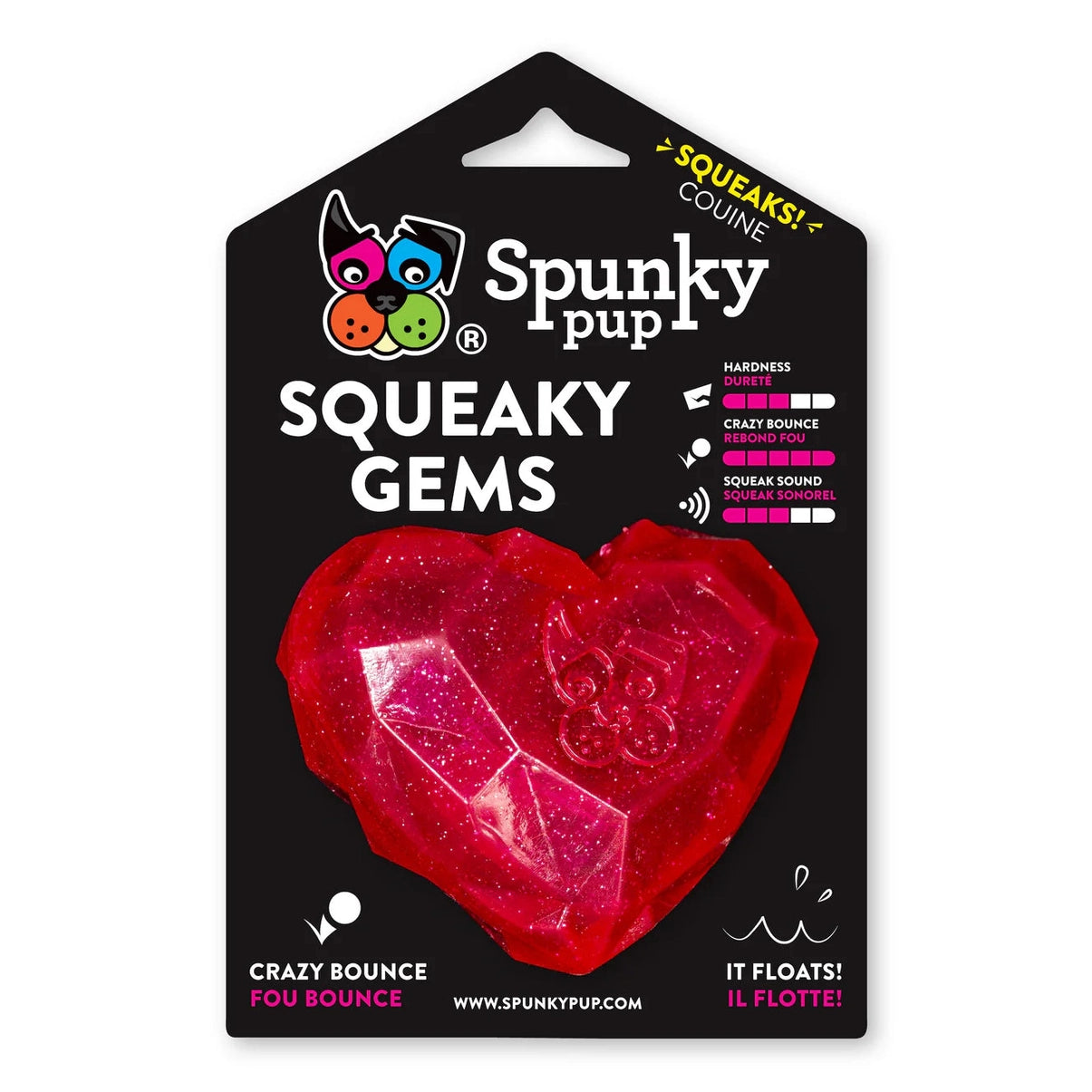 Red heart-shaped Spunky Pup squeaky gem toy packaging with floating capability