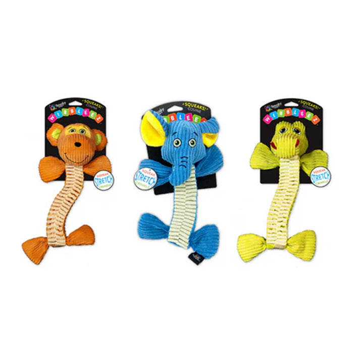 Spunky Pup Wibbleez Tug & Toss Dog Toy set in orange monkey, blue elephant, and yellow alligator with squeaker
