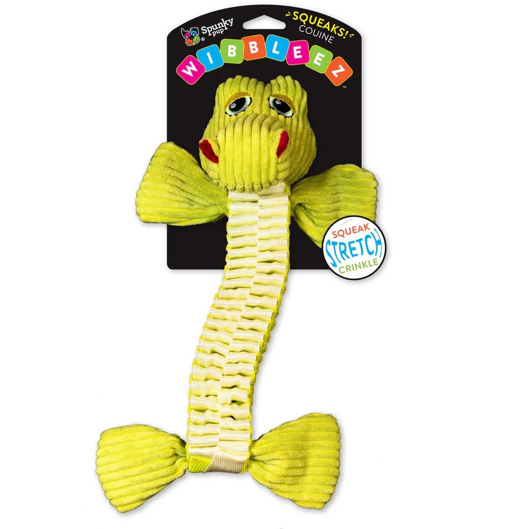 Yellow Spunky Pup Wibbleez Alligator Tug Toy with ribbed tail and squeaker for dogs