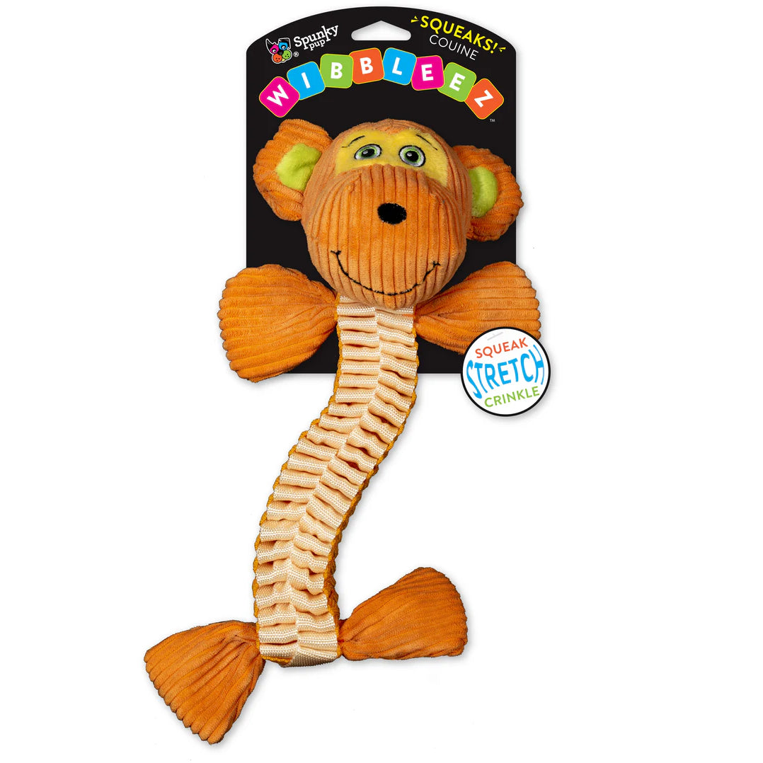 Orange Spunky Pup Wibbleez Monkey Tug Toy with corduroy texture and crinkle tail