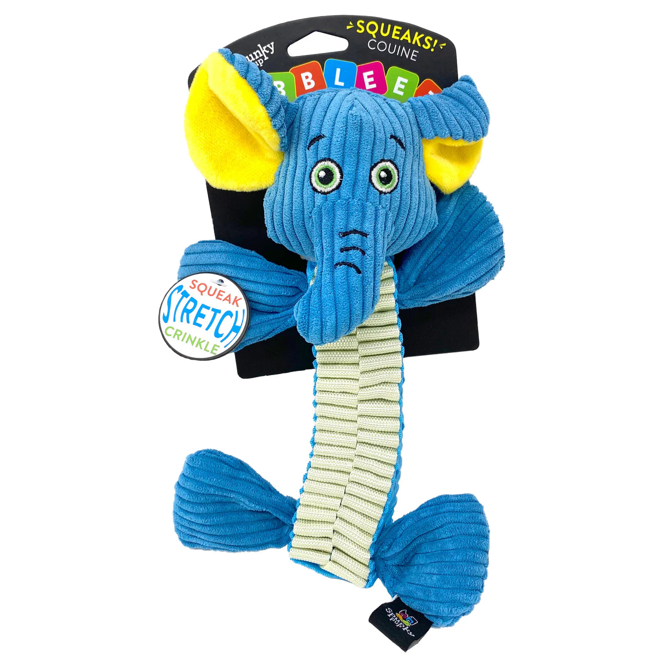 Blue Spunky Pup Wibbleez Elephant Tug Toy with green eyes and stretchy ribbed tail
