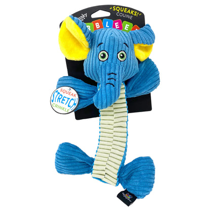 Blue Spunky Pup Wibbleez Elephant Tug Toy with green eyes and stretchy ribbed tail