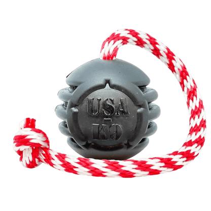 Black Stars and Stripes rubber dog chew toy with red white rope tug handle