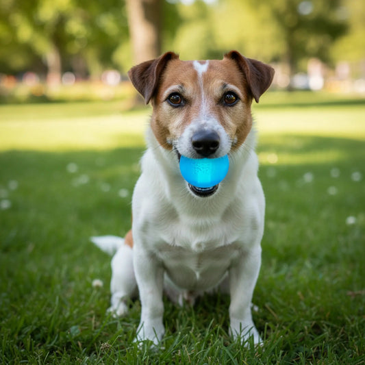 Blue SodaPup PUP-X rubber strobe ball with motion-activated light