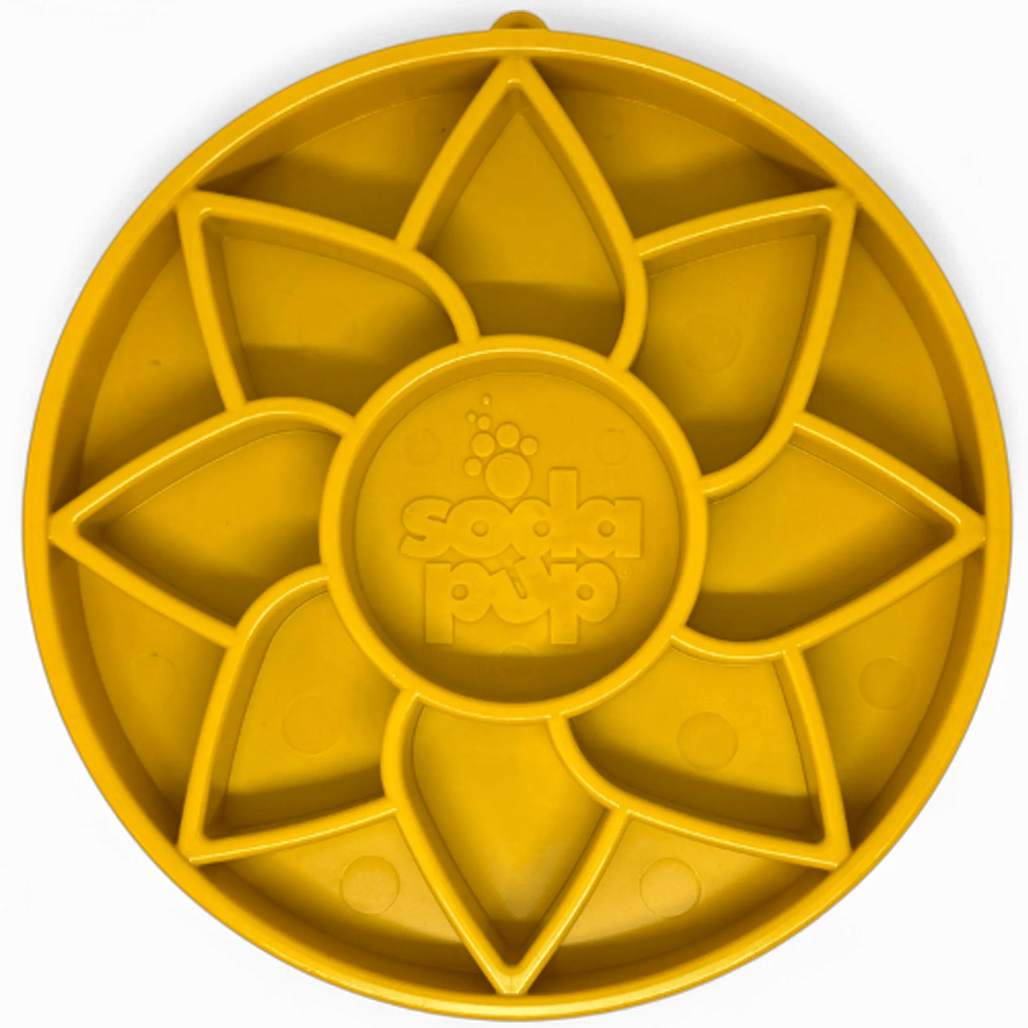 Yellow sunflower slow feeder lick mat with raised petal ridges for dogs