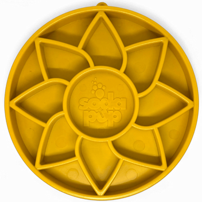 Yellow sunflower slow feeder lick mat with raised petal ridges for dogs