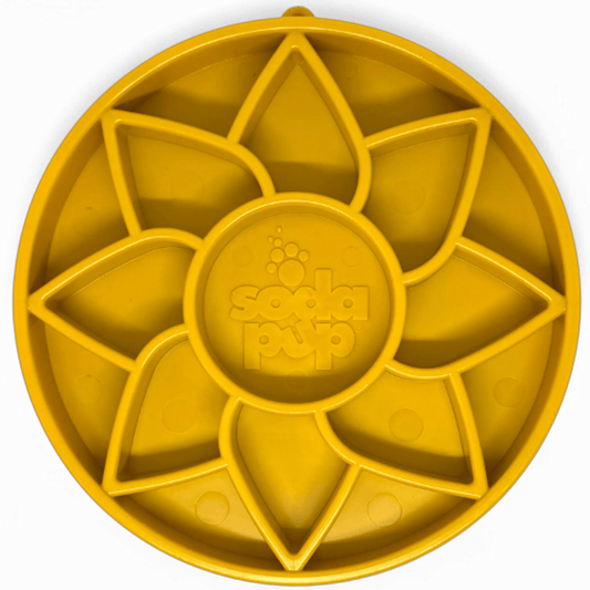 Yellow sunflower slow feeder lick mat with raised petal ridges for dogs