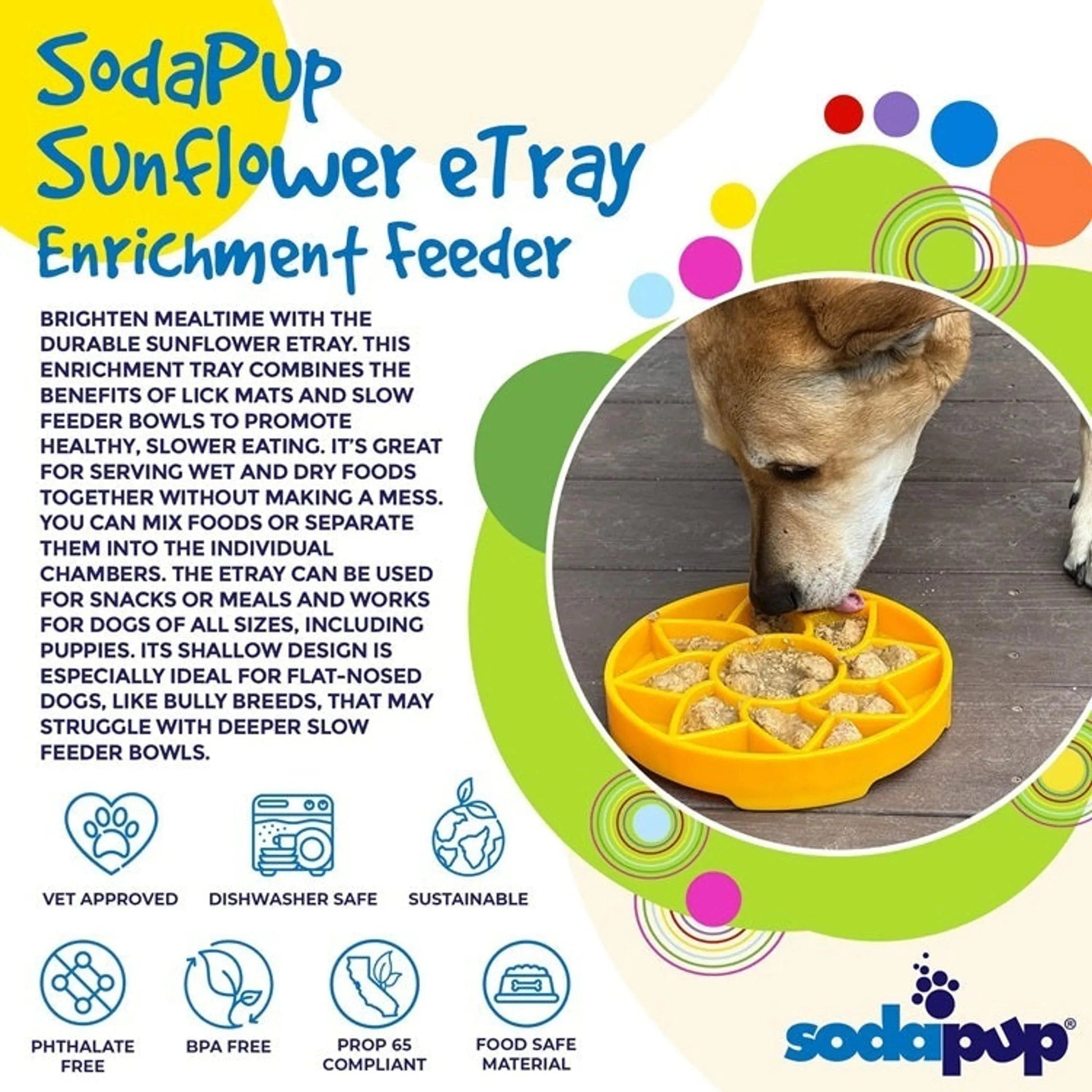 SodaPup sunflower eTray info graphic showing vet approved food safe features