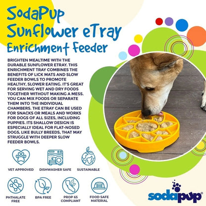 SodaPup sunflower eTray info graphic showing vet approved food safe features