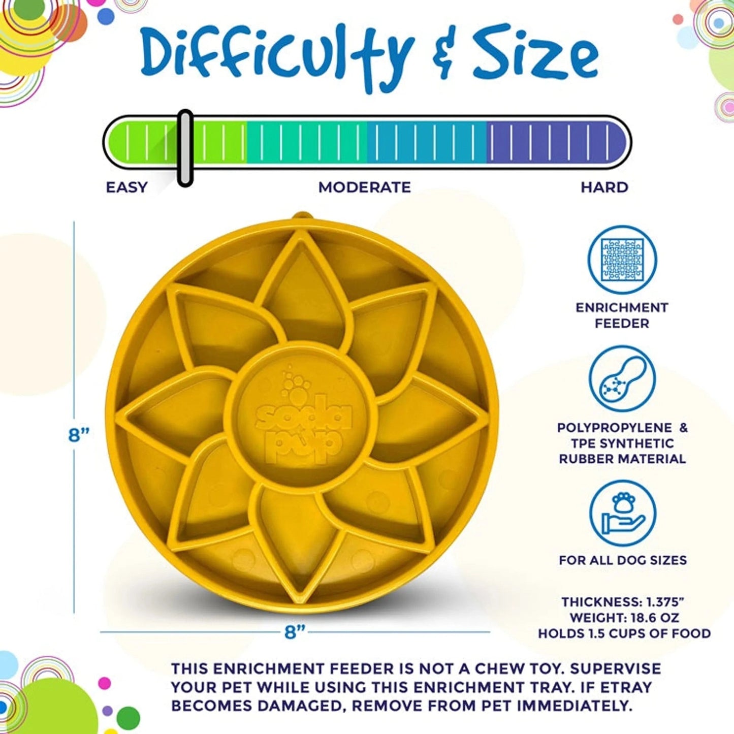 Yellow sunflower dog feeder size chart showing moderate difficulty and dimensions
