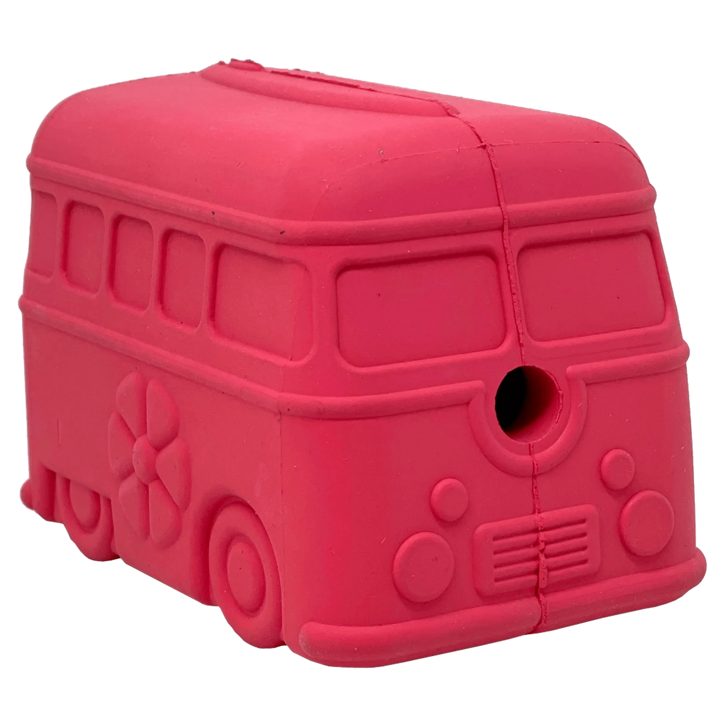 Bright pink retro van shaped rubber chew toy for dogs