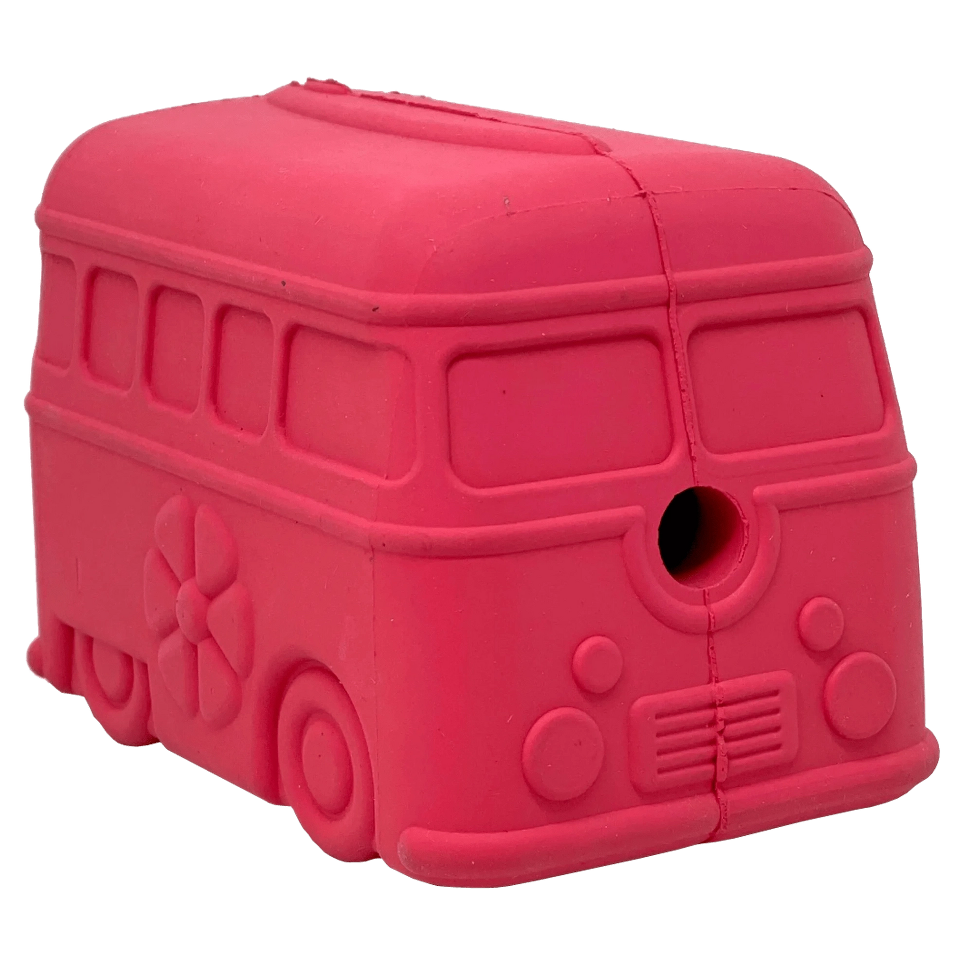 Bright pink retro van shaped rubber chew toy for dogs