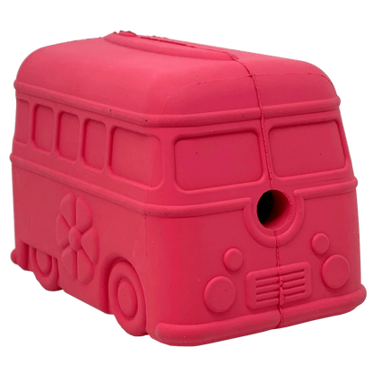 Bright pink retro van shaped rubber chew toy for dogs