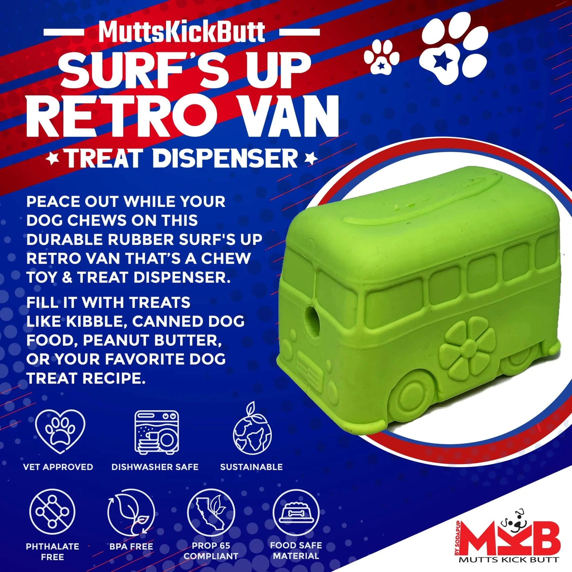 Surf's Up retro van treat dispenser with vet approved features
