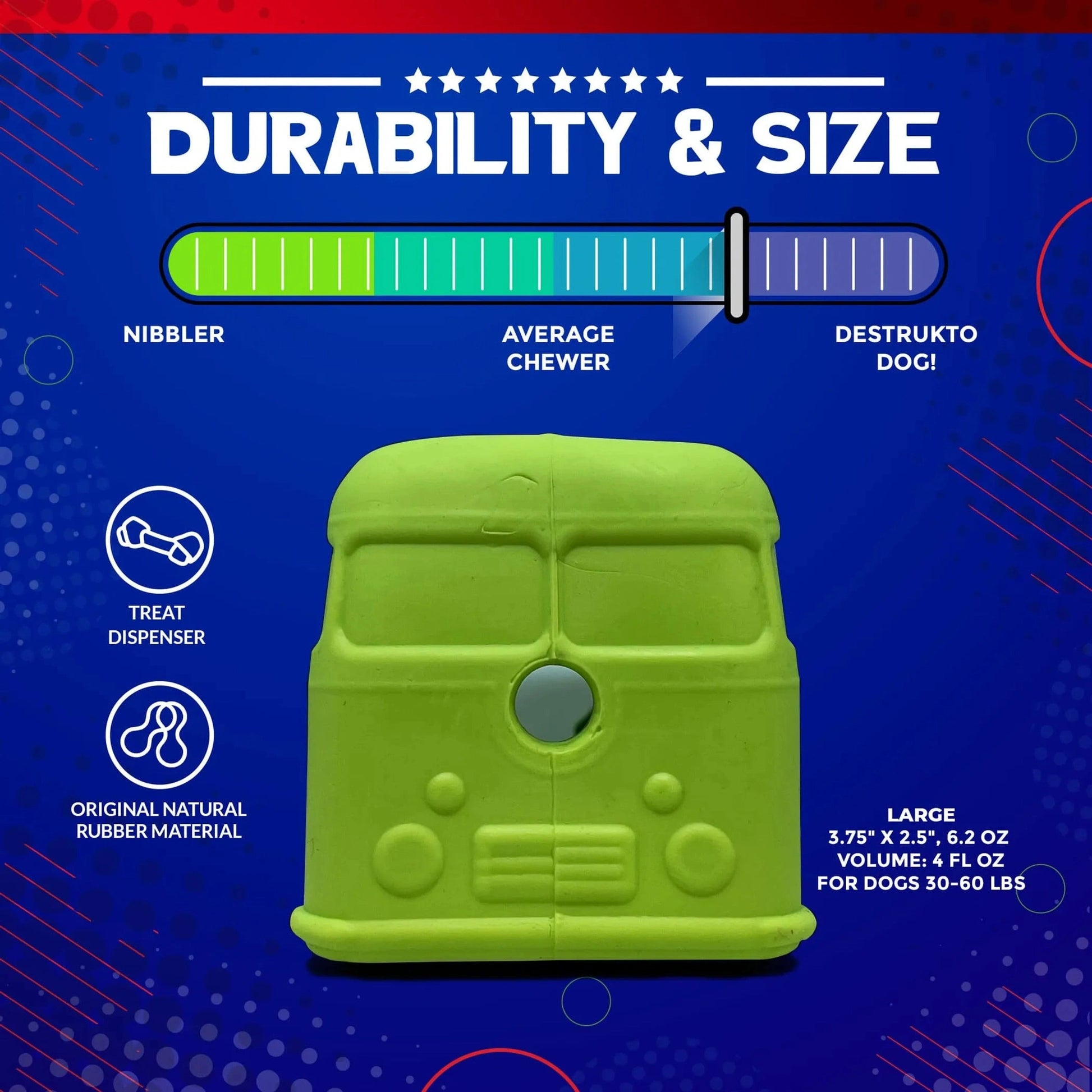 Large lime green rubber surf van dog treat dispenser specs