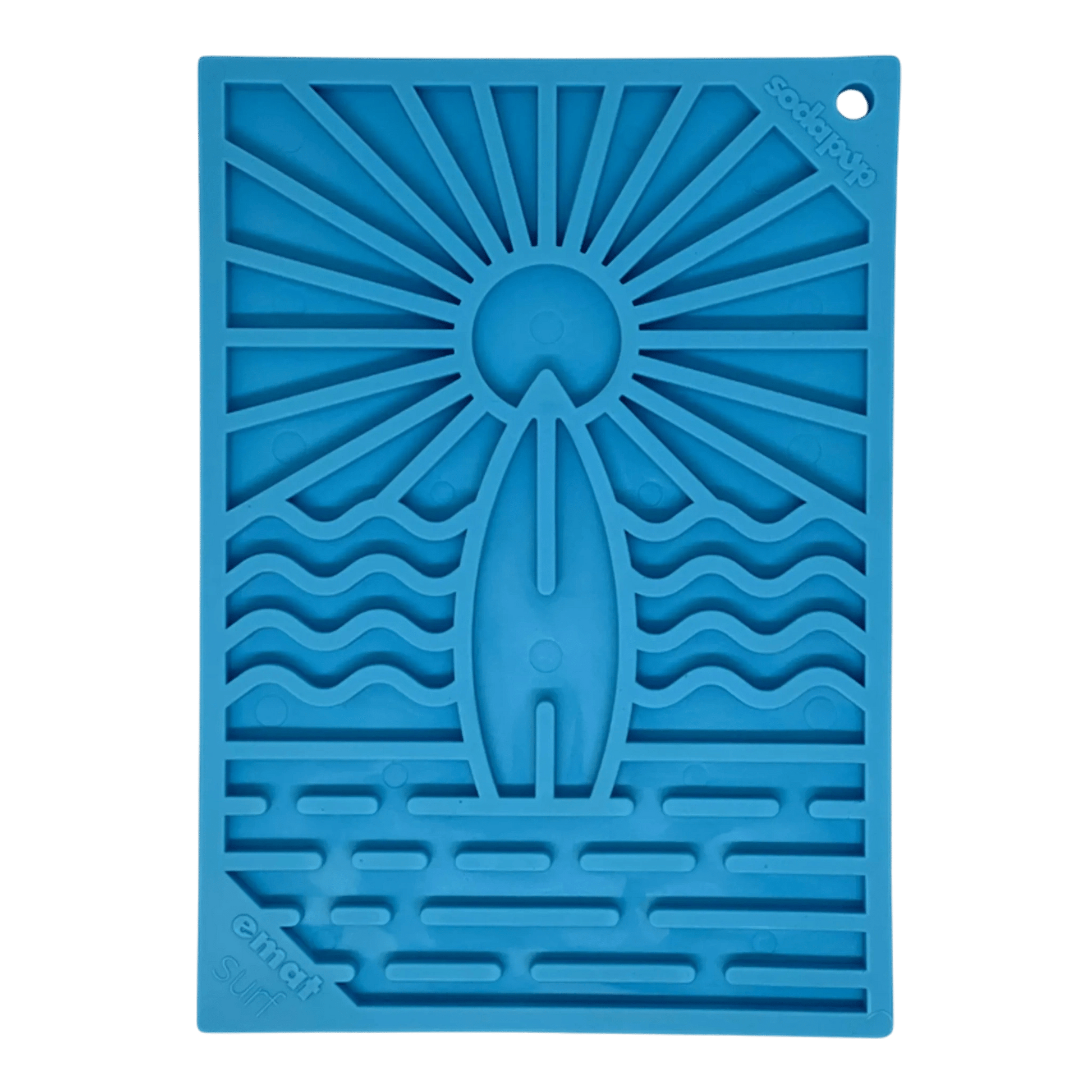 Blue surfboard and wave pattern SodaPup eMat lick mat front view