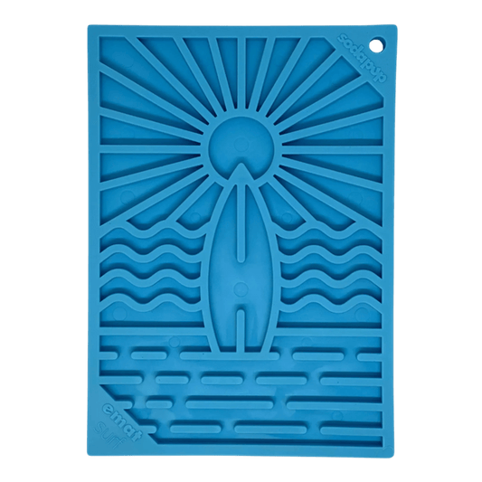 Blue surfboard and wave pattern SodaPup eMat lick mat front view