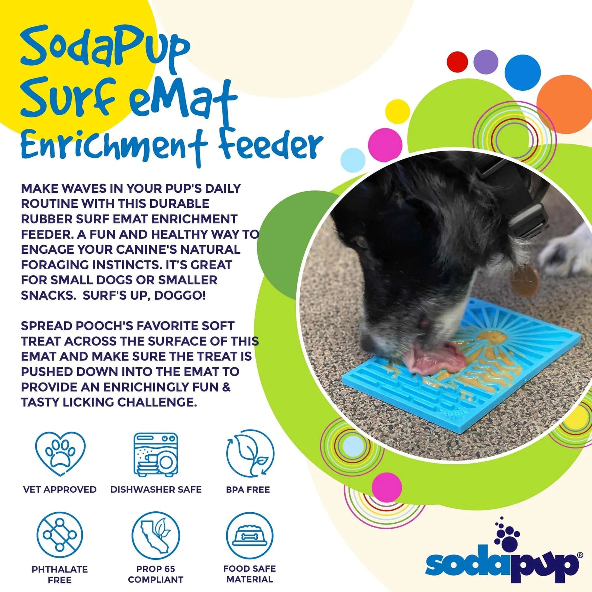 SodaPup Surf eMat enrichment feeder graphic with safety icons