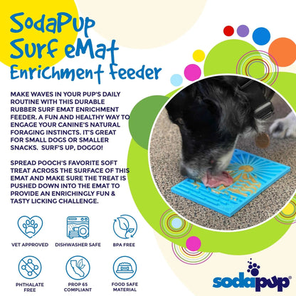 SodaPup Surf eMat enrichment feeder graphic with safety icons
