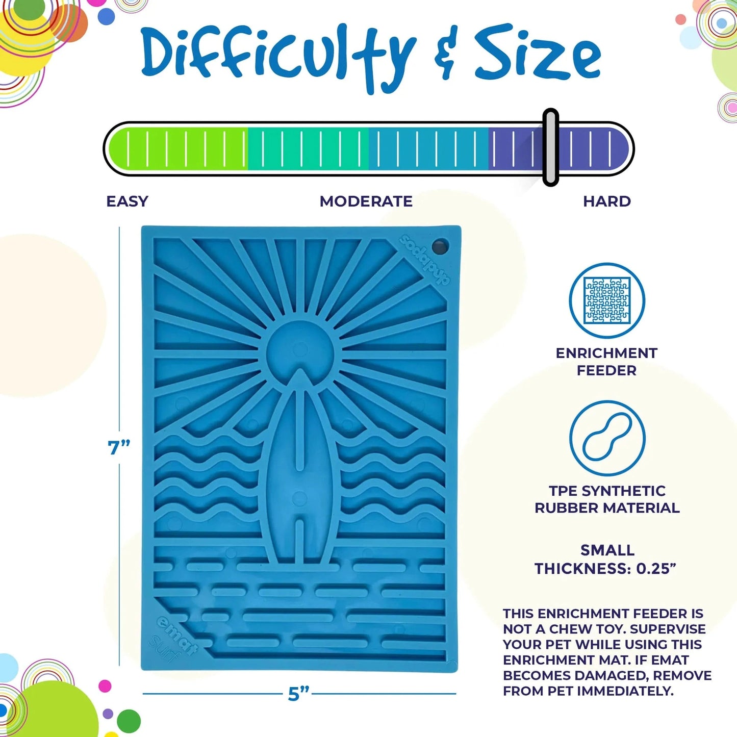 Small blue TPE rubber surf lick mat size chart and difficulty scale