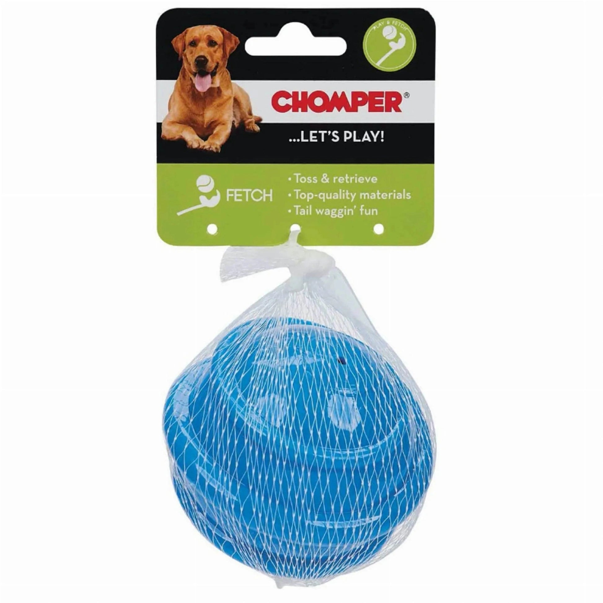 Blue spiral plush fetch toy in mesh bag with Chomper tag for dogs