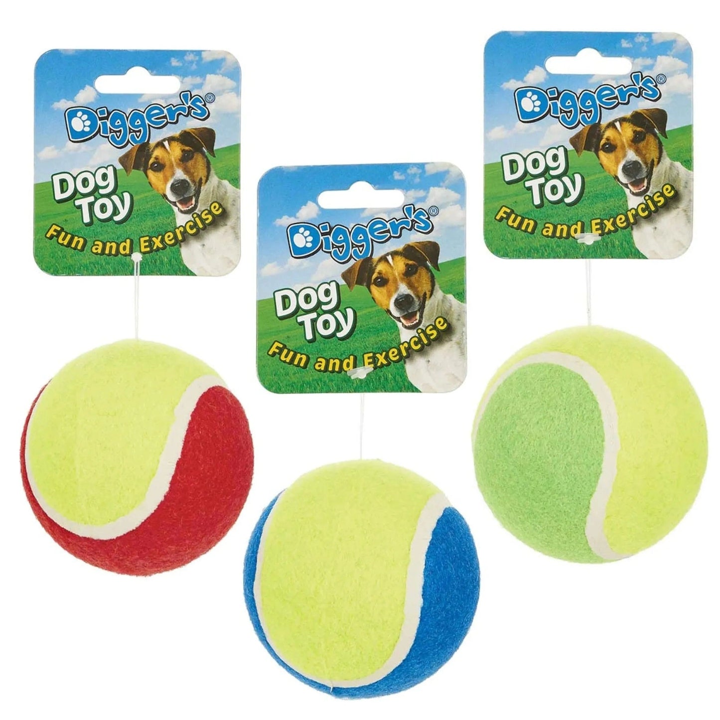 Digger's Tennis Ball 3In Fetch Toy with string and hang tag in red, blue, and lime green