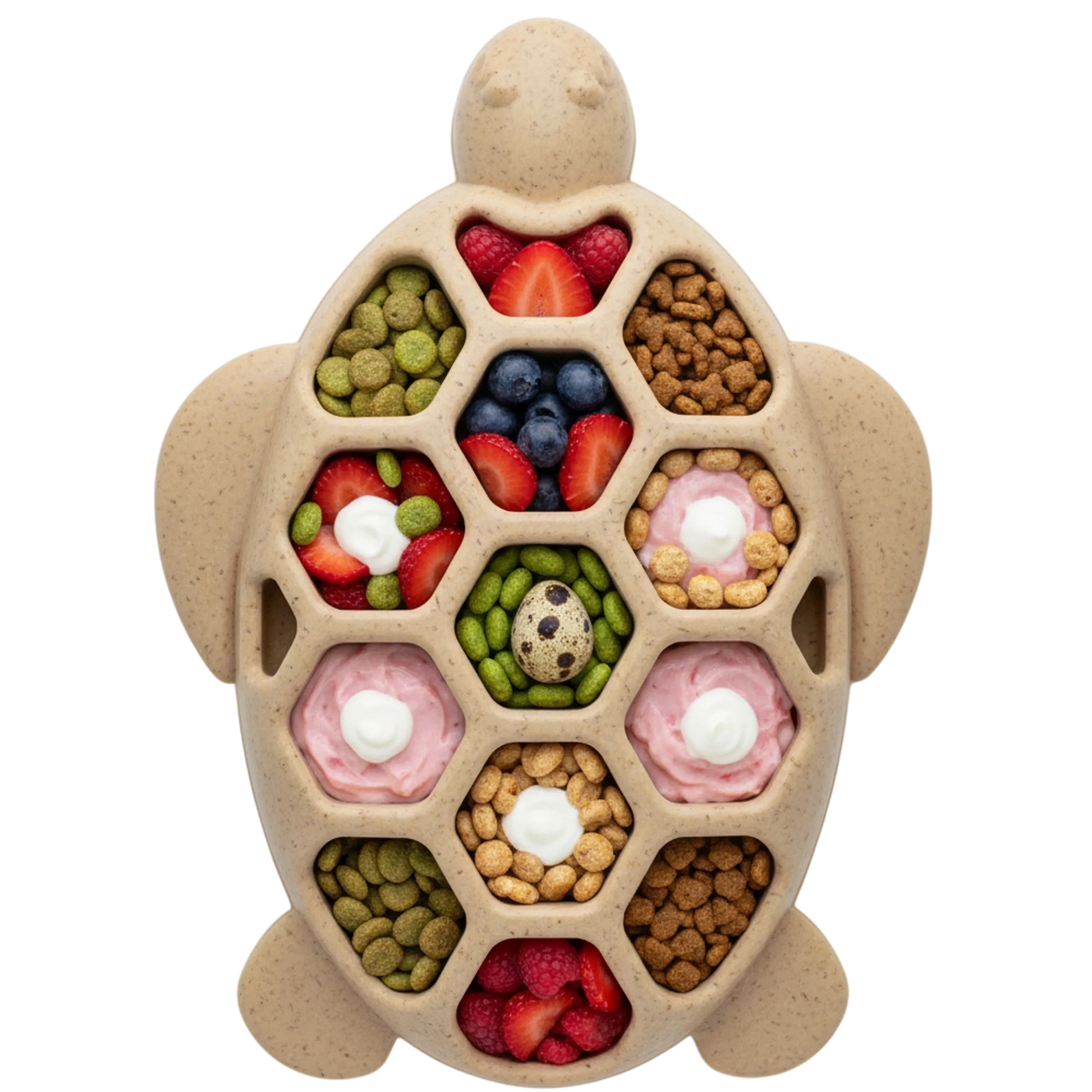 Beige speckled turtle puzzle feeder filled with dog treats and kibble for enrichment