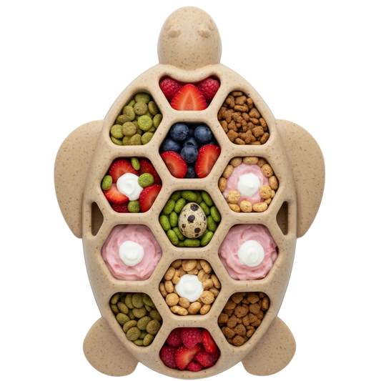 Beige speckled turtle puzzle feeder filled with dog treats and kibble for enrichment