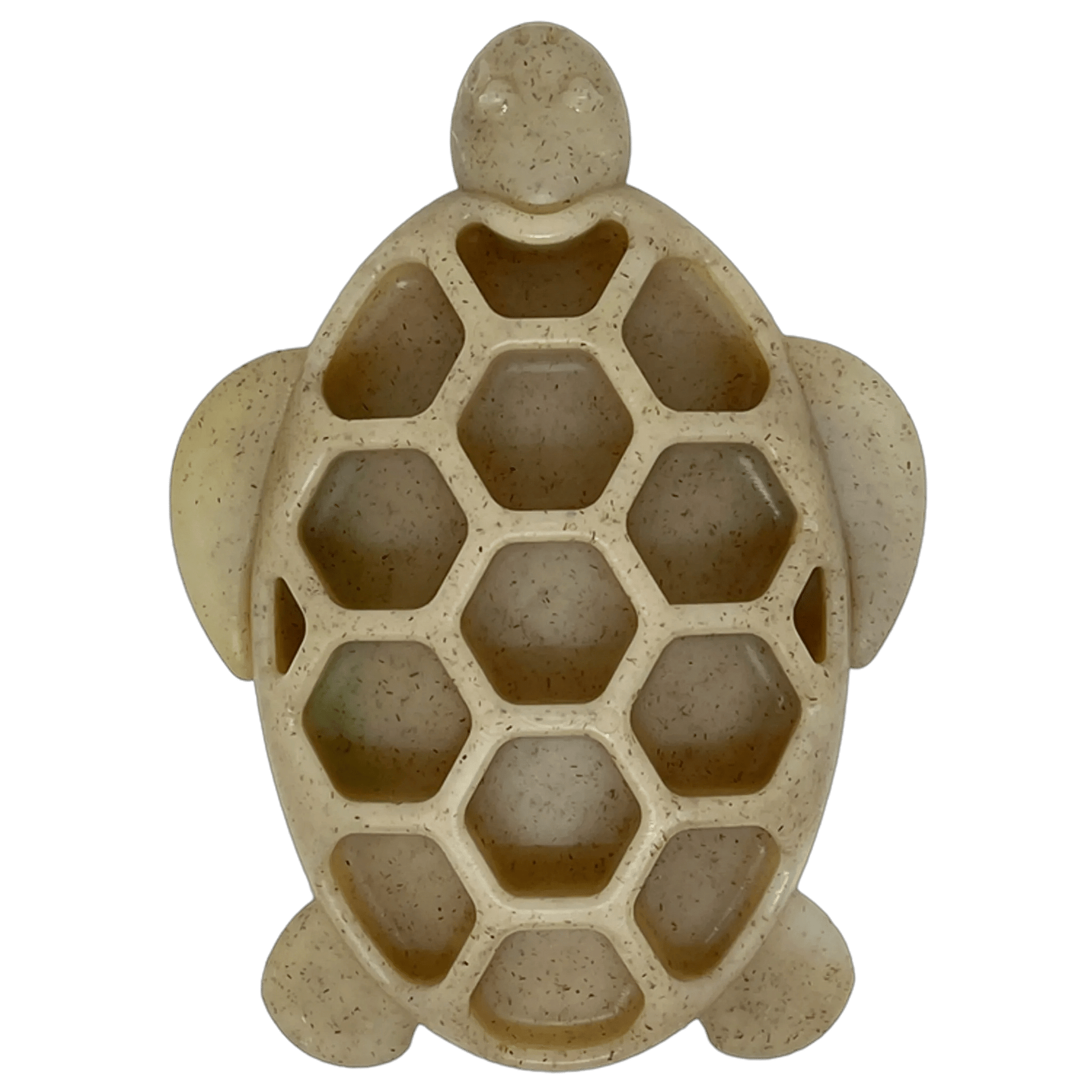 Empty beige speckled nylon turtle puzzle feeder with hexagonal treat compartments