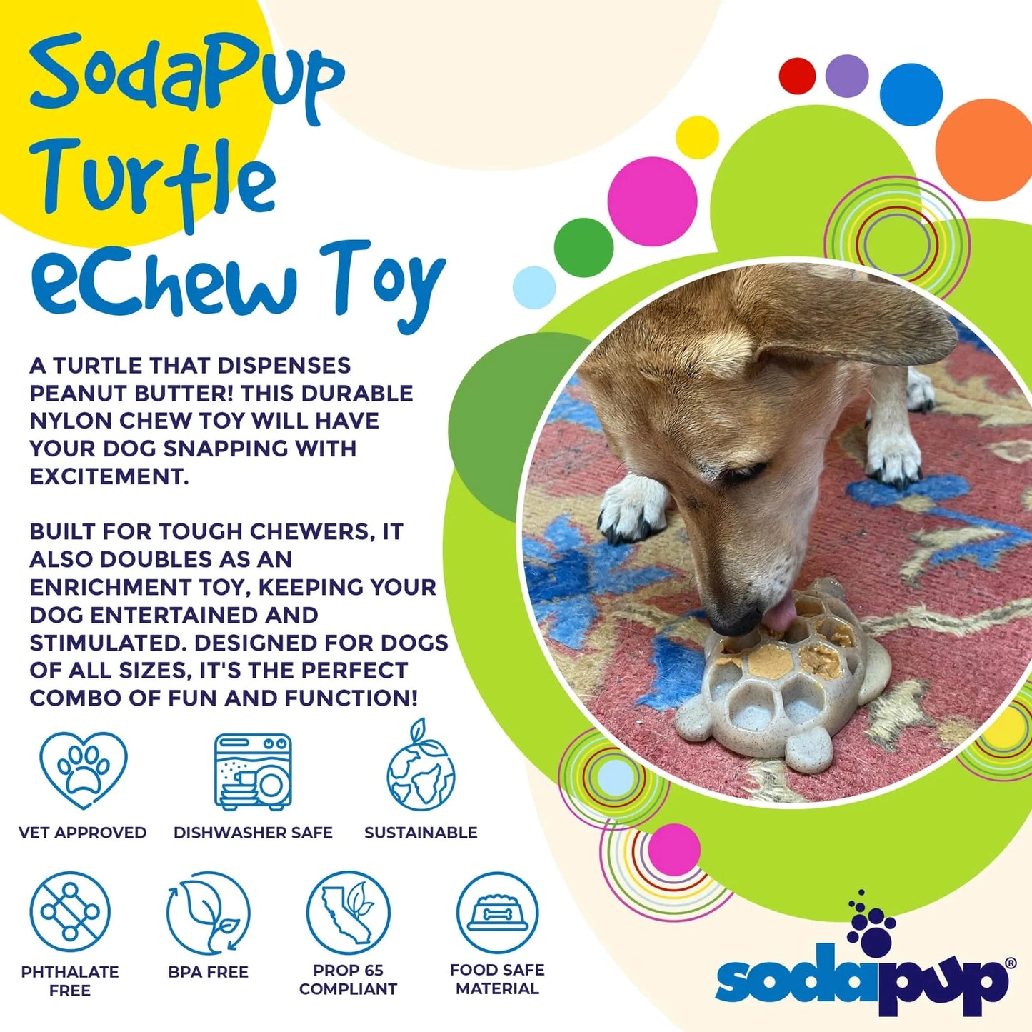 SodaPup durable nylon turtle chew toy dispenses peanut butter for mental stimulation