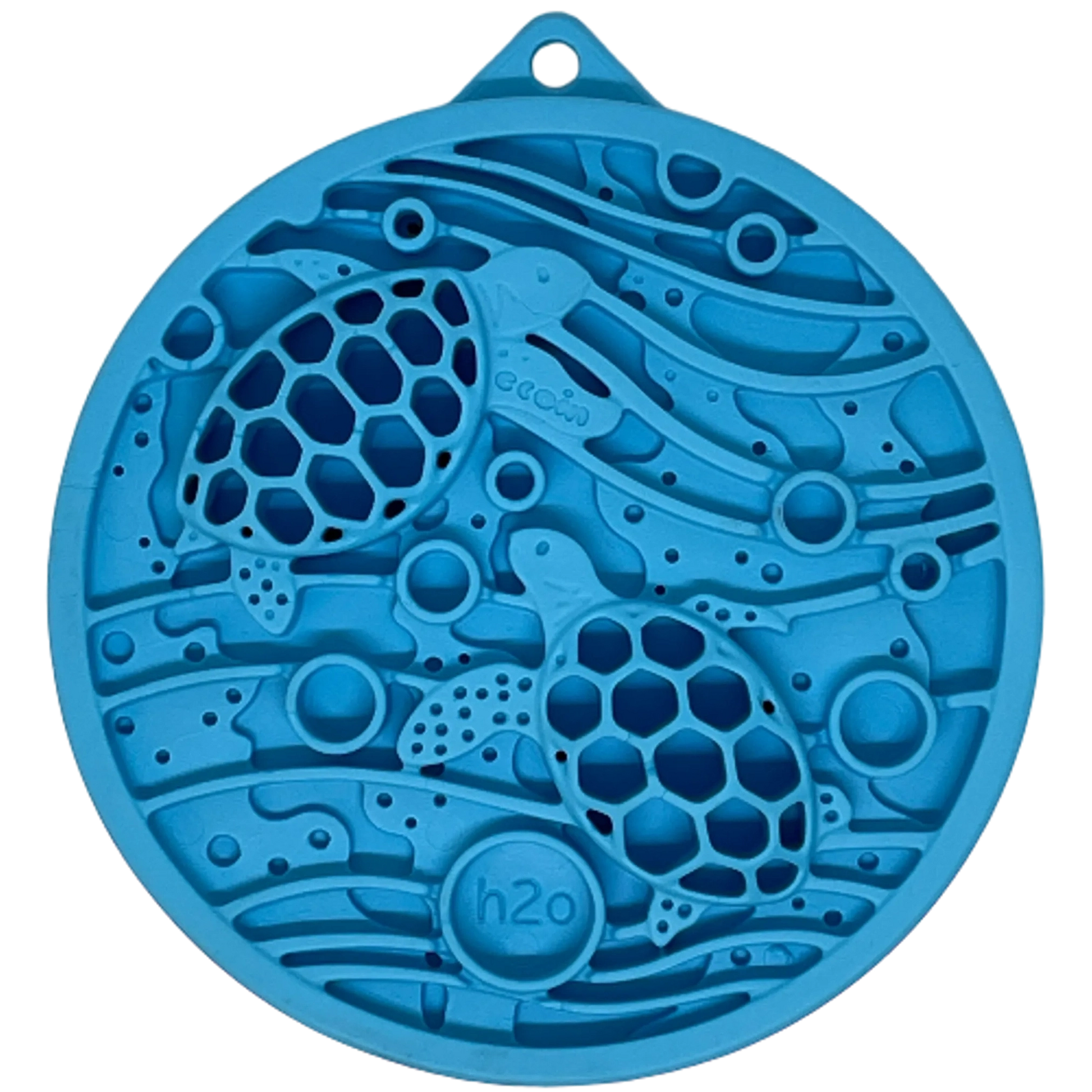 Close-up of blue honeycomb shell turtle lick mat with flexible TPE material