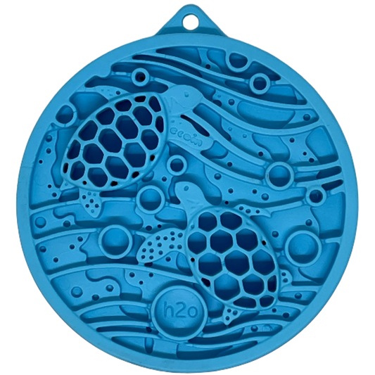 Close-up of blue honeycomb shell turtle lick mat with flexible TPE material