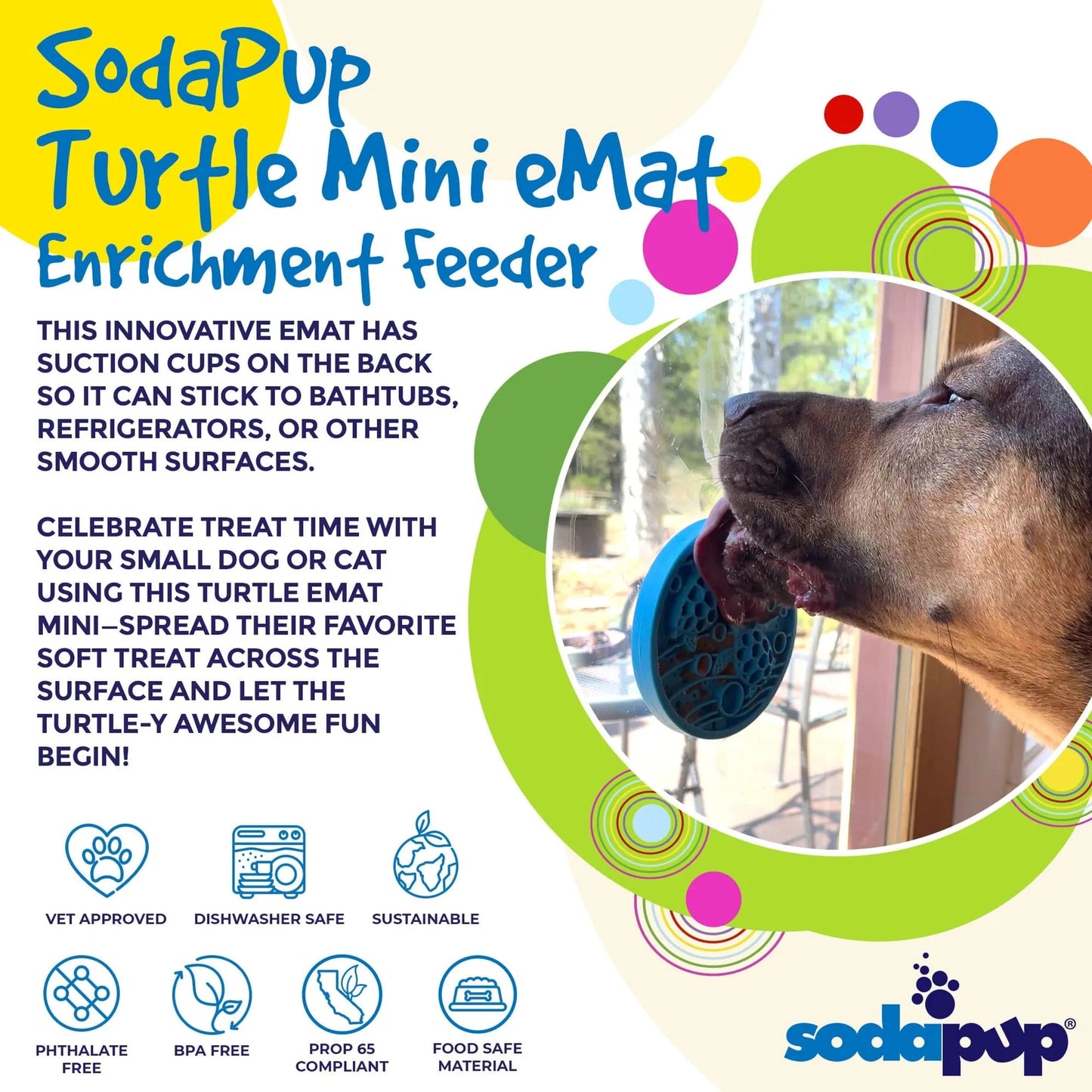 Dog licking blue turtle suction mat on glass surface for bath time anxiety relief