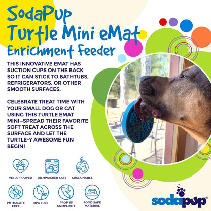 Dog licking blue turtle suction mat on glass surface for bath time anxiety relief