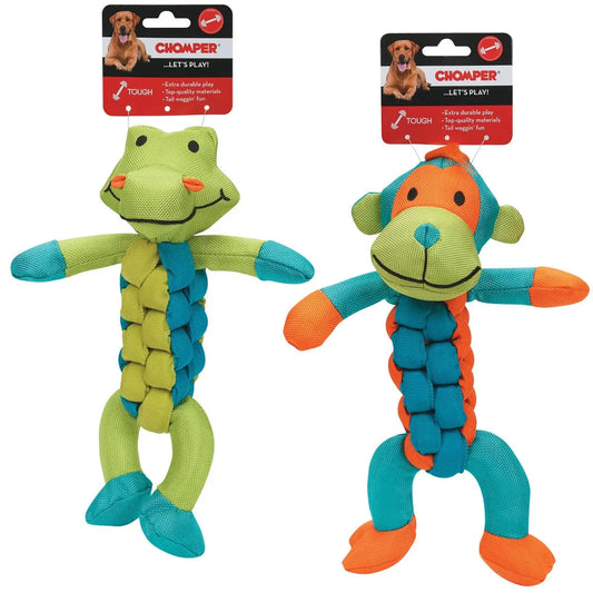 Chomper Twisterz alligator and monkey tug toys with braided ballistic rope