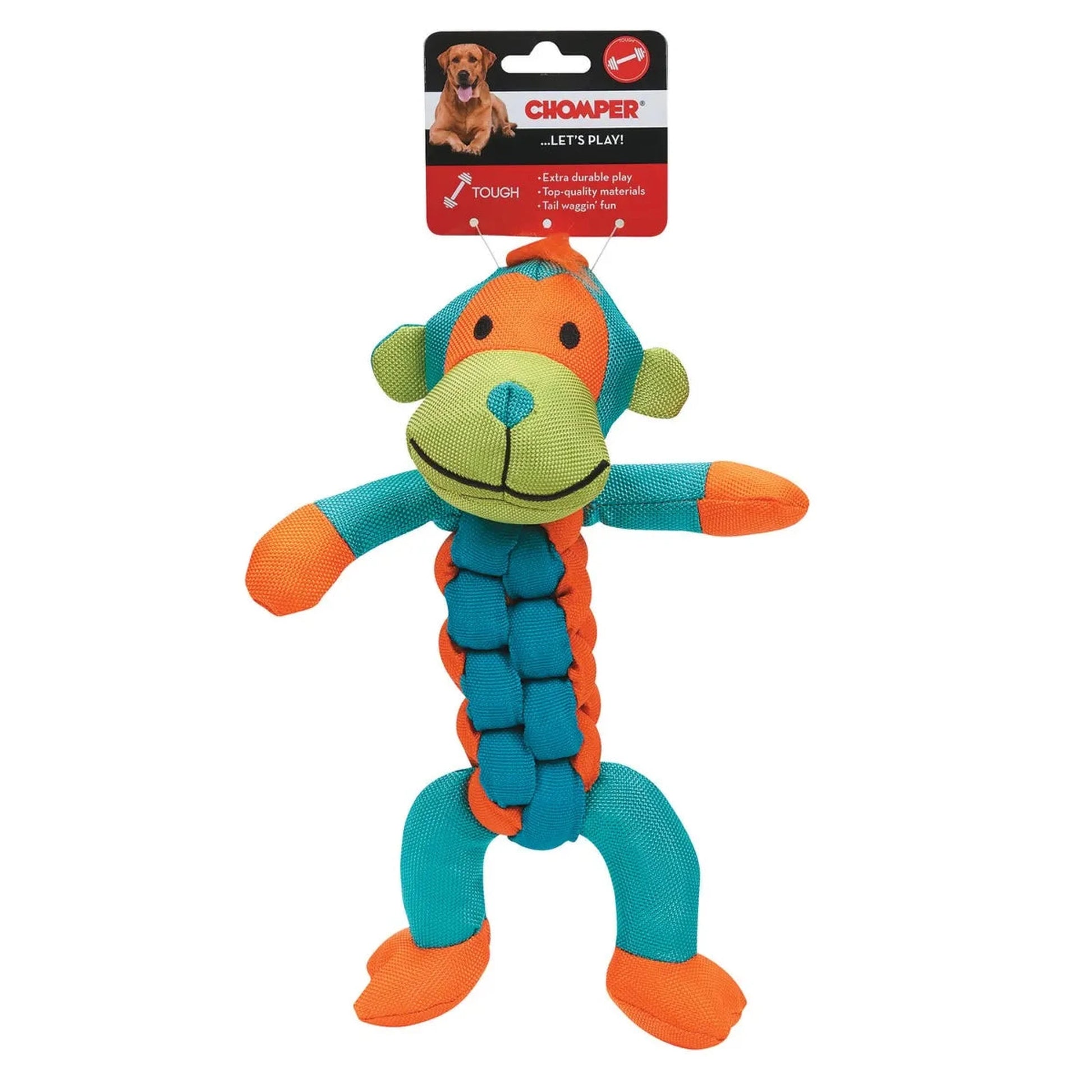 Chomper Twisterz monkey dog toy hanging on branded tough play tag