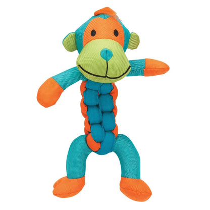 Orange and teal Chomper Twisterz monkey plush tug toy with blue braid