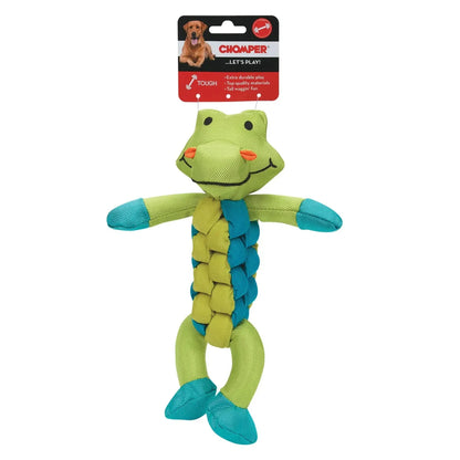 Chomper Twisterz alligator dog toy hanging on branded tough play tag